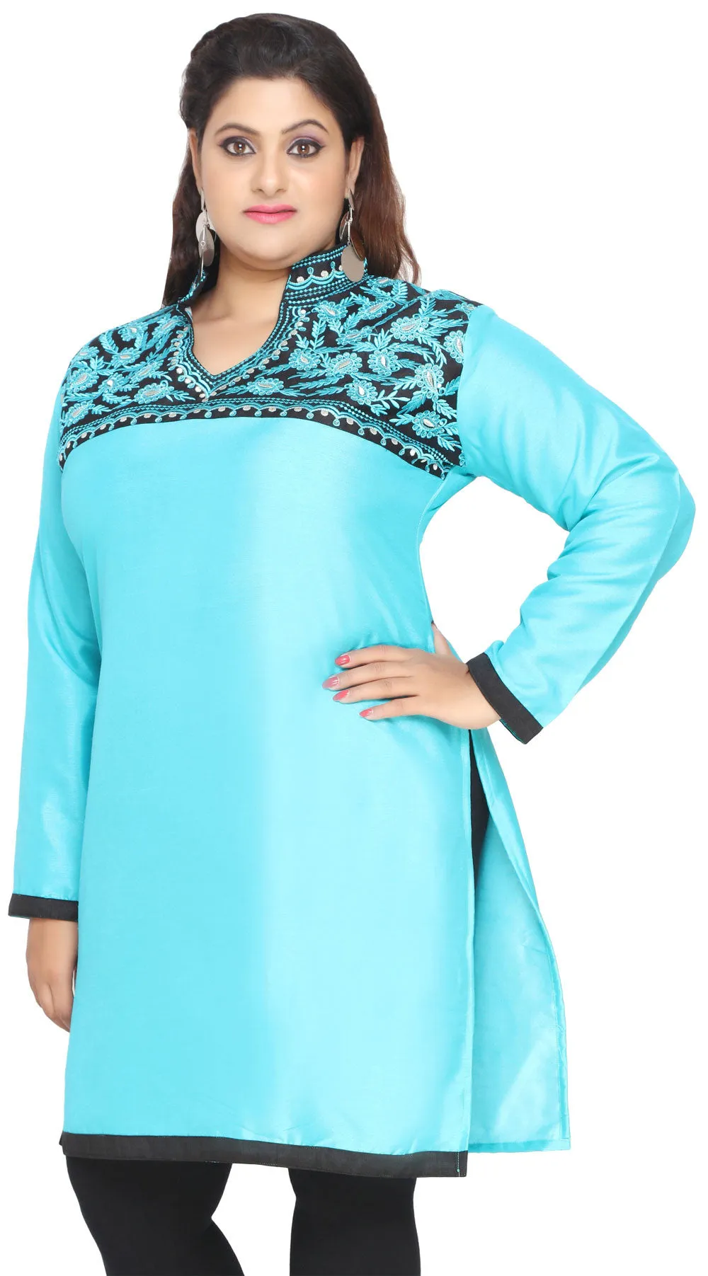 Turquoise Plus Size Poly Silk Indian Tunics Kurti Long Top for Women